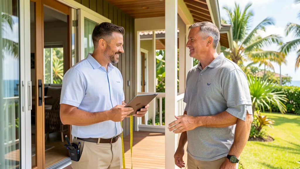Adjuster meeting a homeowner on a porch with a tablet